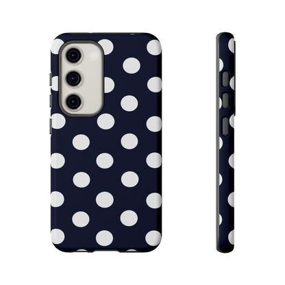Premium navy polka dot case with fade-resistant print and shock absorption
