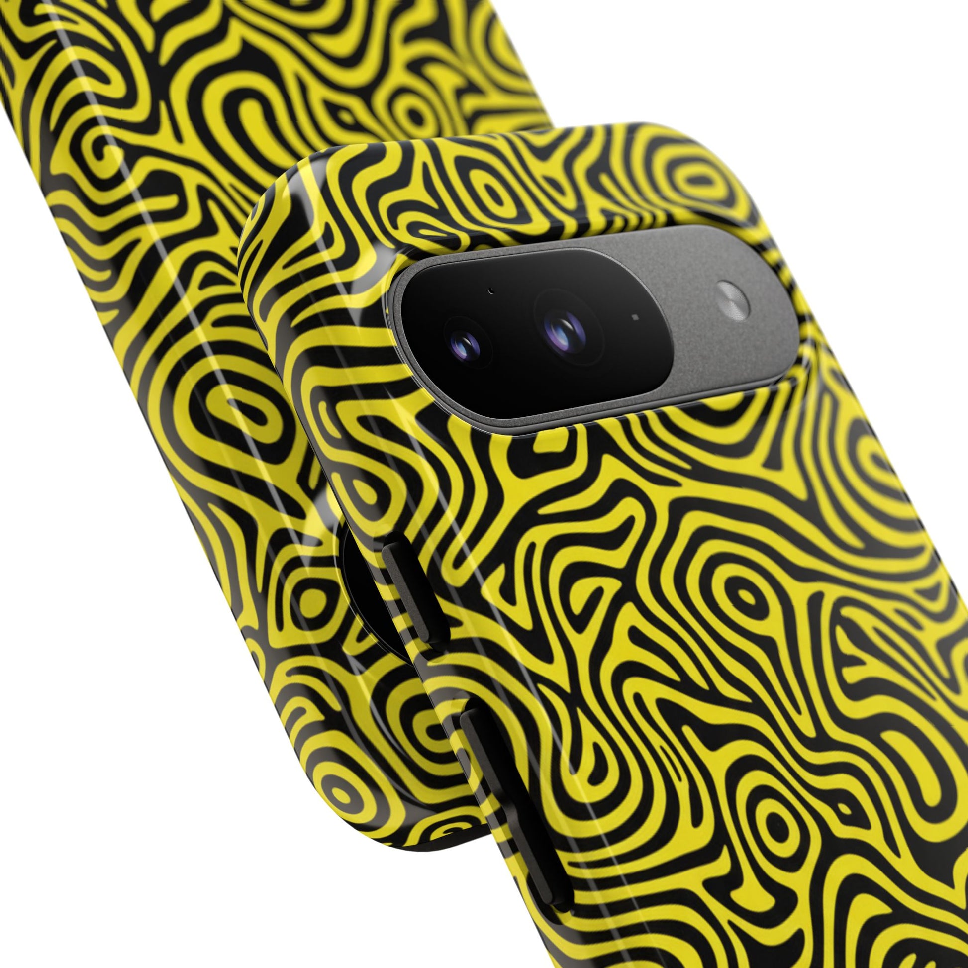 Festival phone case with eye-catching yellow black maze pattern and UV-resistant print
