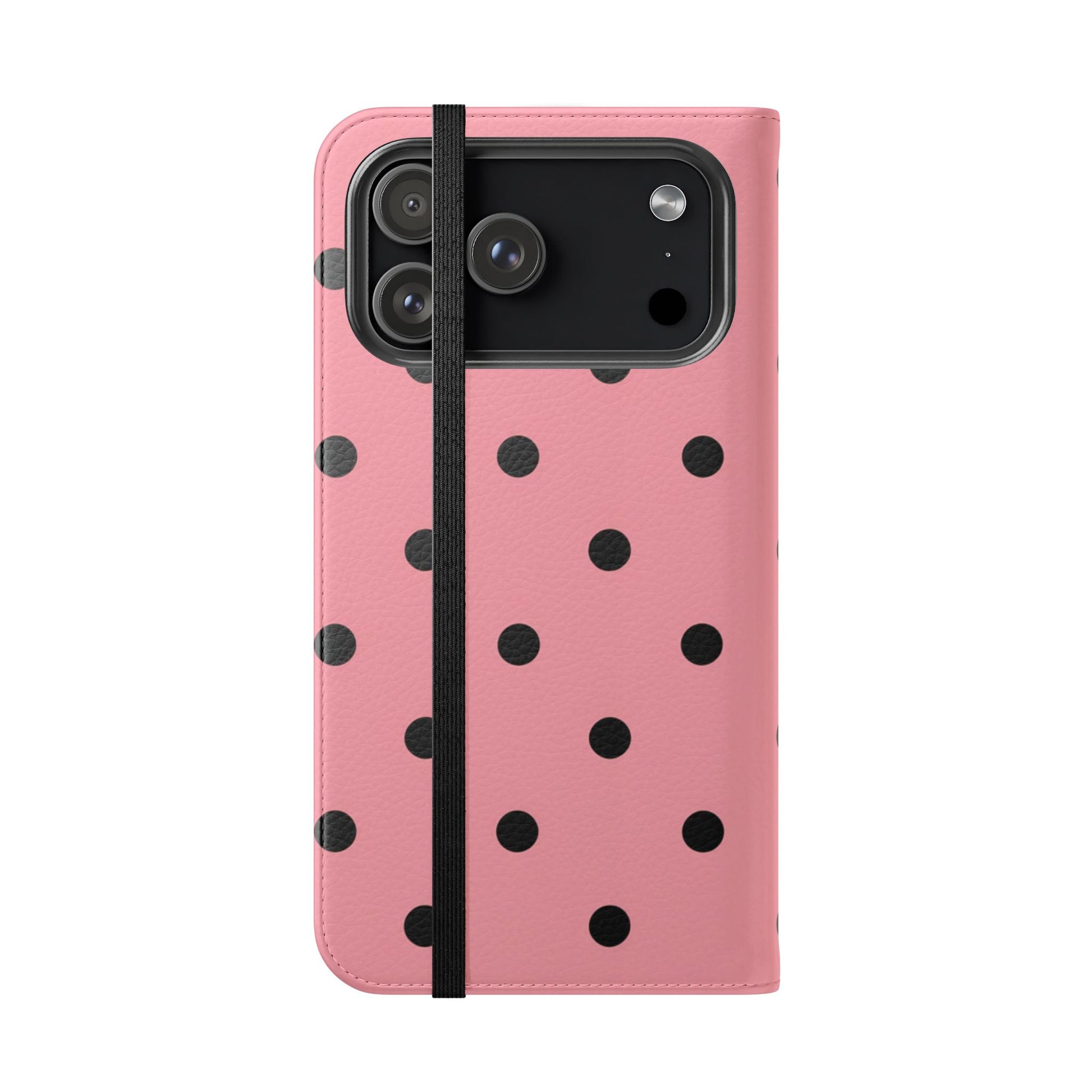 Vintage-inspired pink polka dot flip case with D-ring attachment for wrist strap

