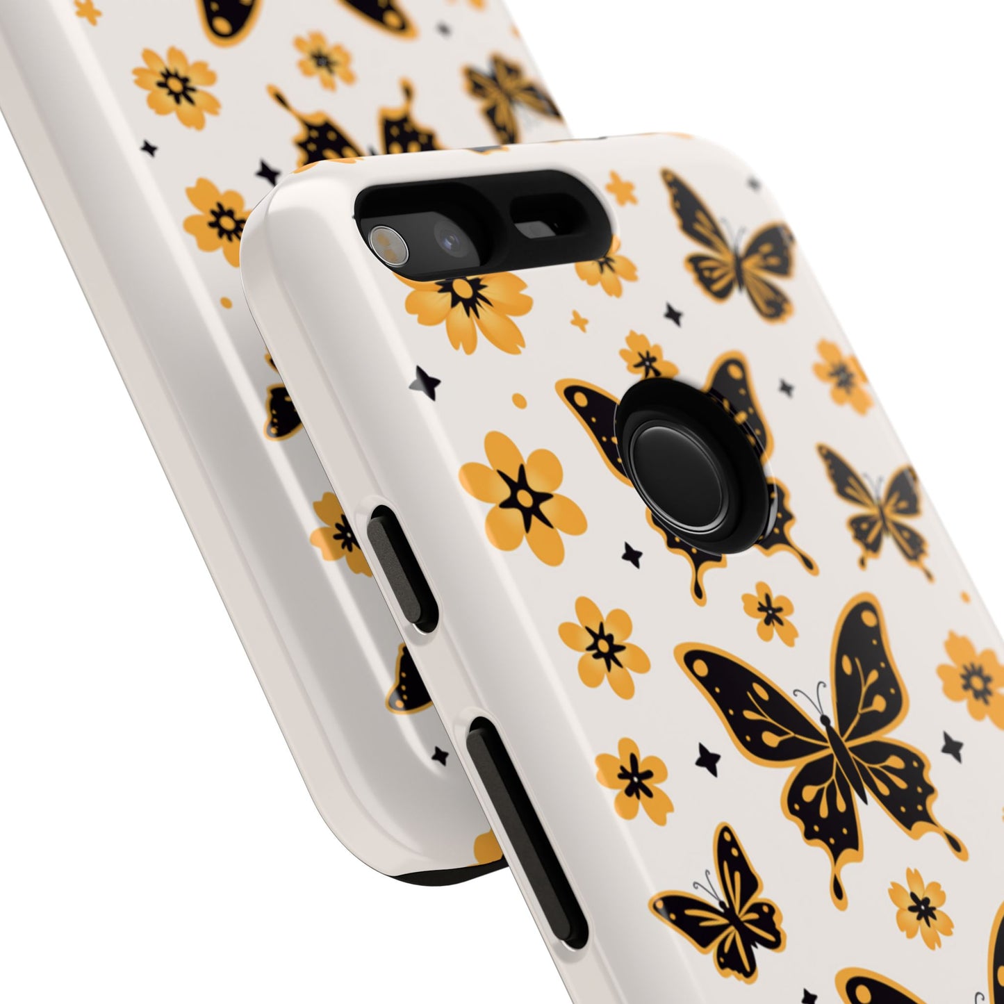 Vintage phone case featuring golden flowers and bold butterflies - Soft cream background with wireless charging support
