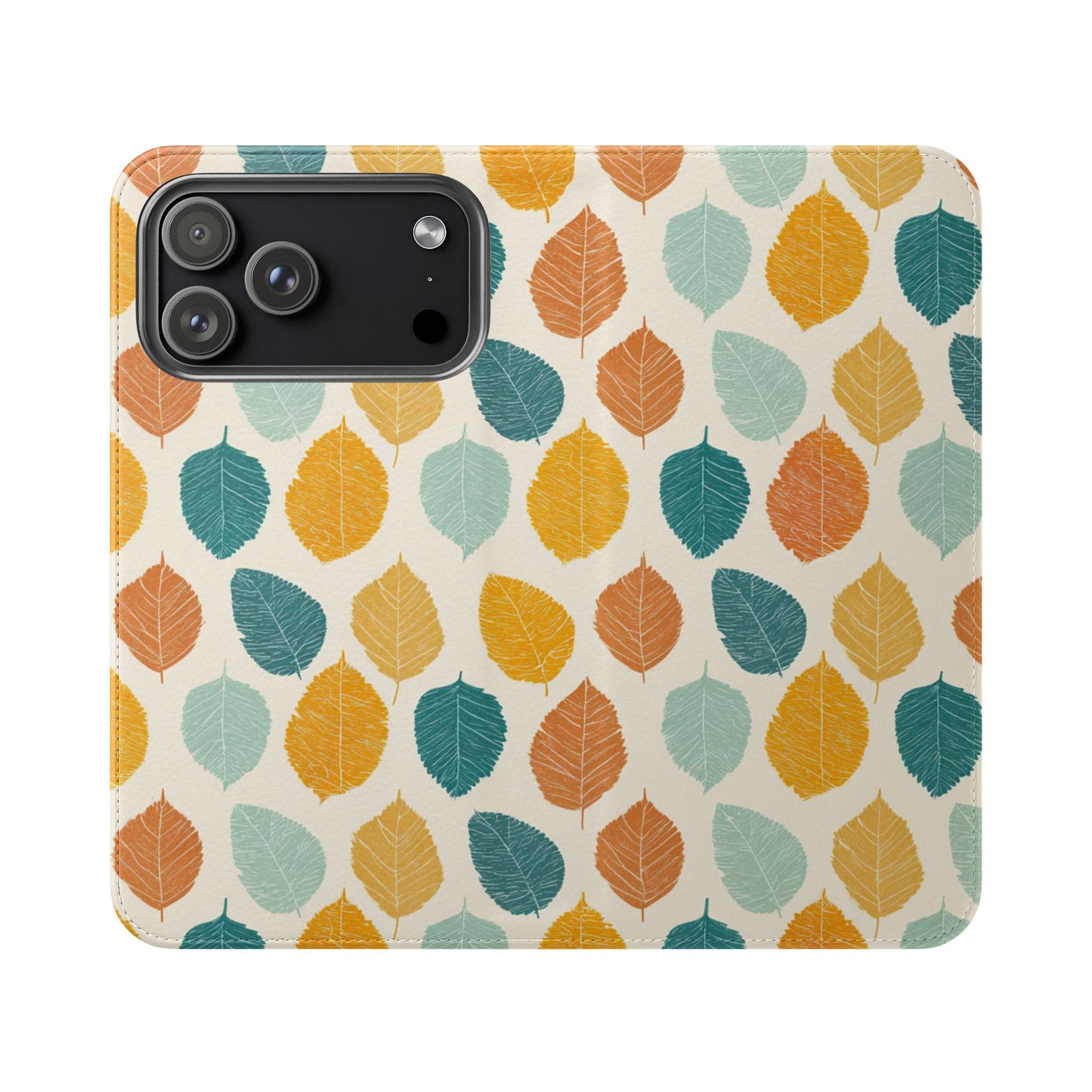 Leaf Pattern Flip Phone Case in Autumn Teal and Mustard - Premium Faux Leather Wallet Folio with Card Slots for iPhone and Samsung Galaxy
