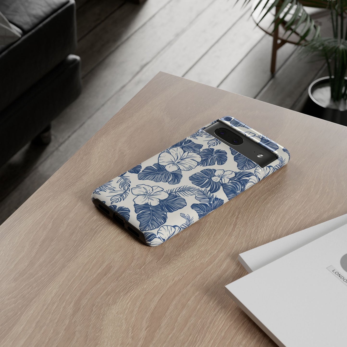 Relaxed coastal floral phone case with hand-painted blue hibiscus design and drop protection
