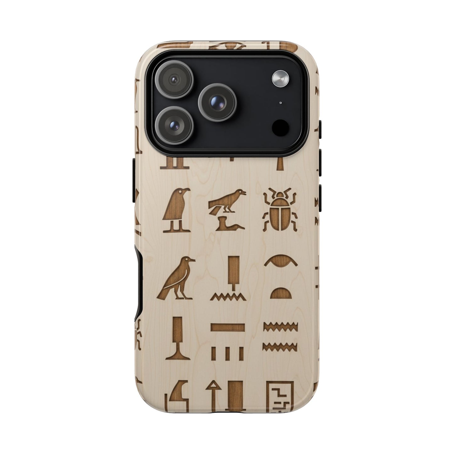 Egyptian Hieroglyphics Tough Phone Case - Wood Grain Ancient Symbols Protective Cover for iPhone, Samsung Galaxy & Google Pixel