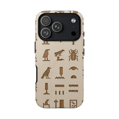 Egyptian Hieroglyphics Tough Phone Case - Wood Grain Ancient Symbols Protective Cover for iPhone, Samsung Galaxy & Google Pixel