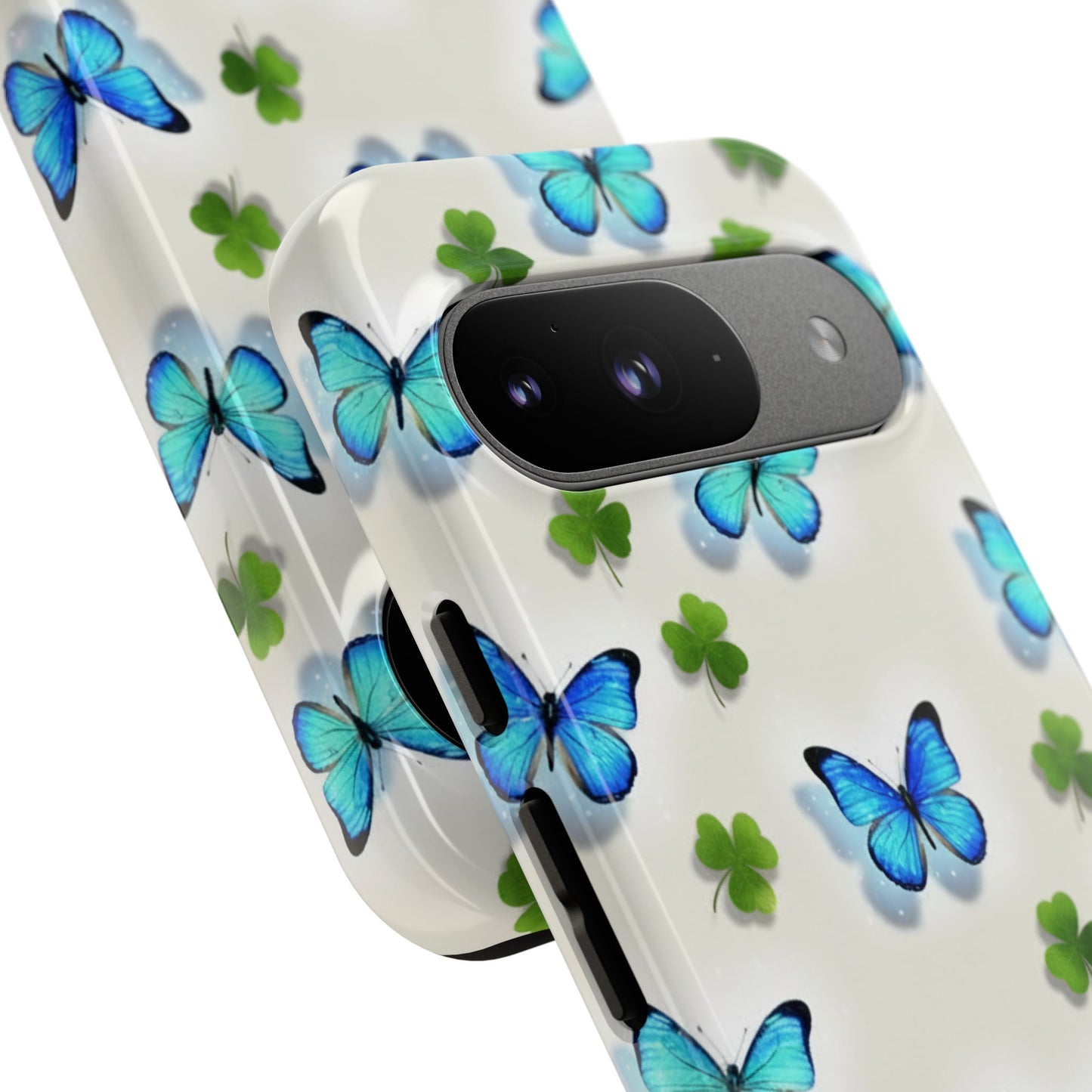 Funda protectora resistente con diseño de mariposas y trébol de la suerte para iPhone, Samsung Galaxy y Google Pixel: diseño de mariposas azules
