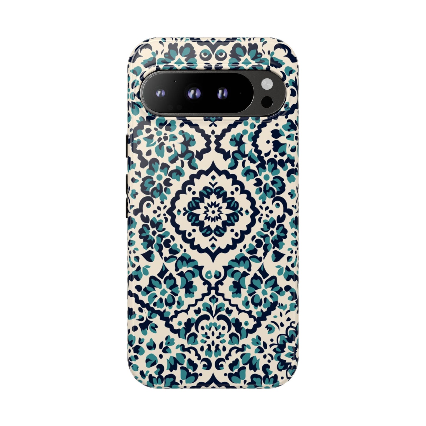 Florales Damast Tough Handyhülle – Petrol-Navy Gemusterter Schutzhülle für iPhone, Samsung Galaxy & Google Pixel