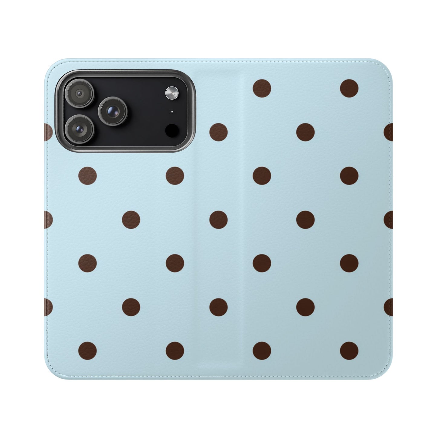 Light blue polka dot flip phone case with chocolate brown dots, wallet cover and card slots for iPhone and Samsung Galaxy
