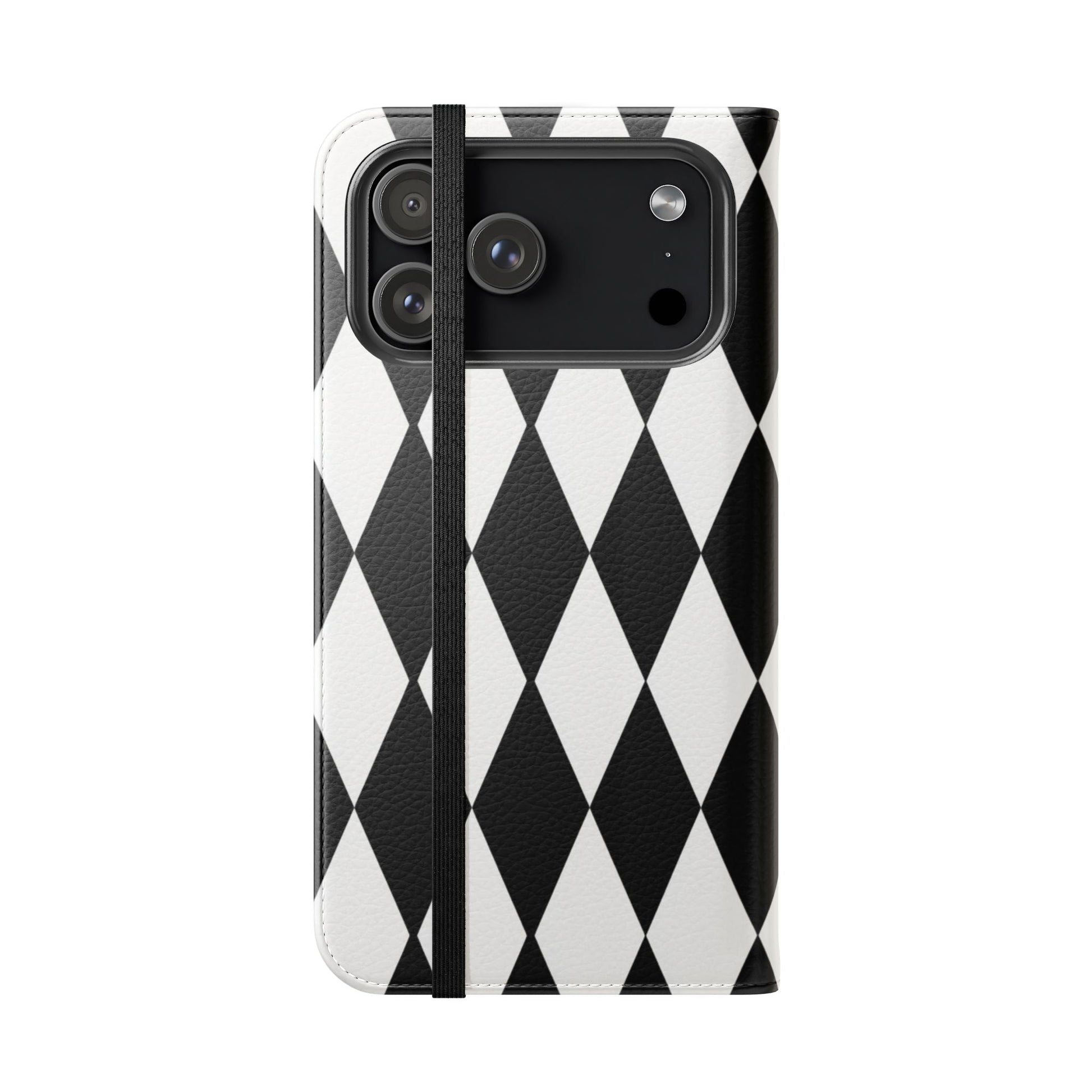 Black and white harlequin diamond flip case - elegant monochrome diamond pattern
