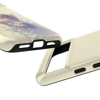 Cat lover phone case with sleeping kitten and daisies - wireless charging compatible protective cover
