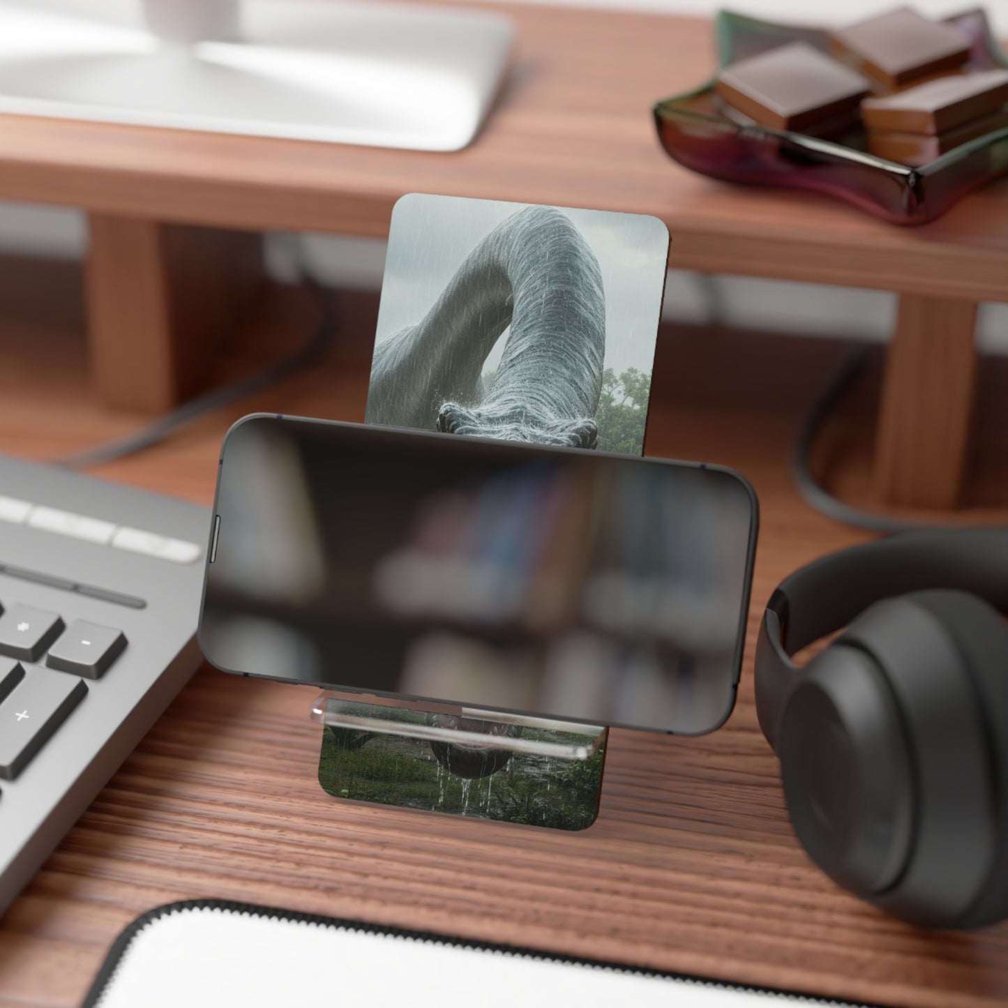 Dinosaur Phone Stand - Brontosaurus in Prehistoric Green Landscape
