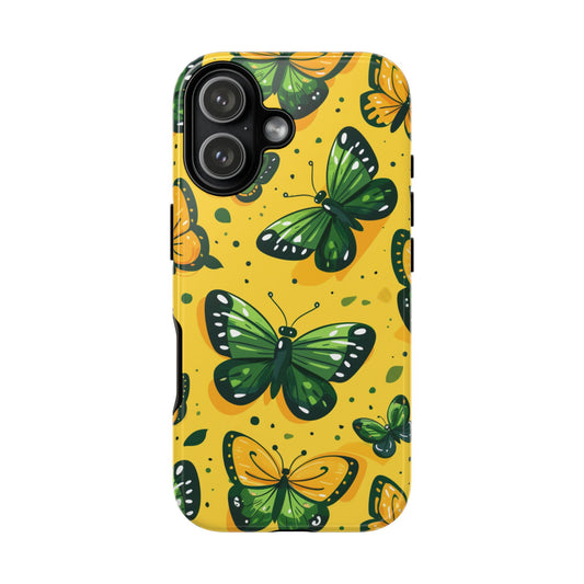Funda protectora resistente con diseño de mariposas verdes en amarillo para iPhone, Samsung Galaxy y Google Pixel.