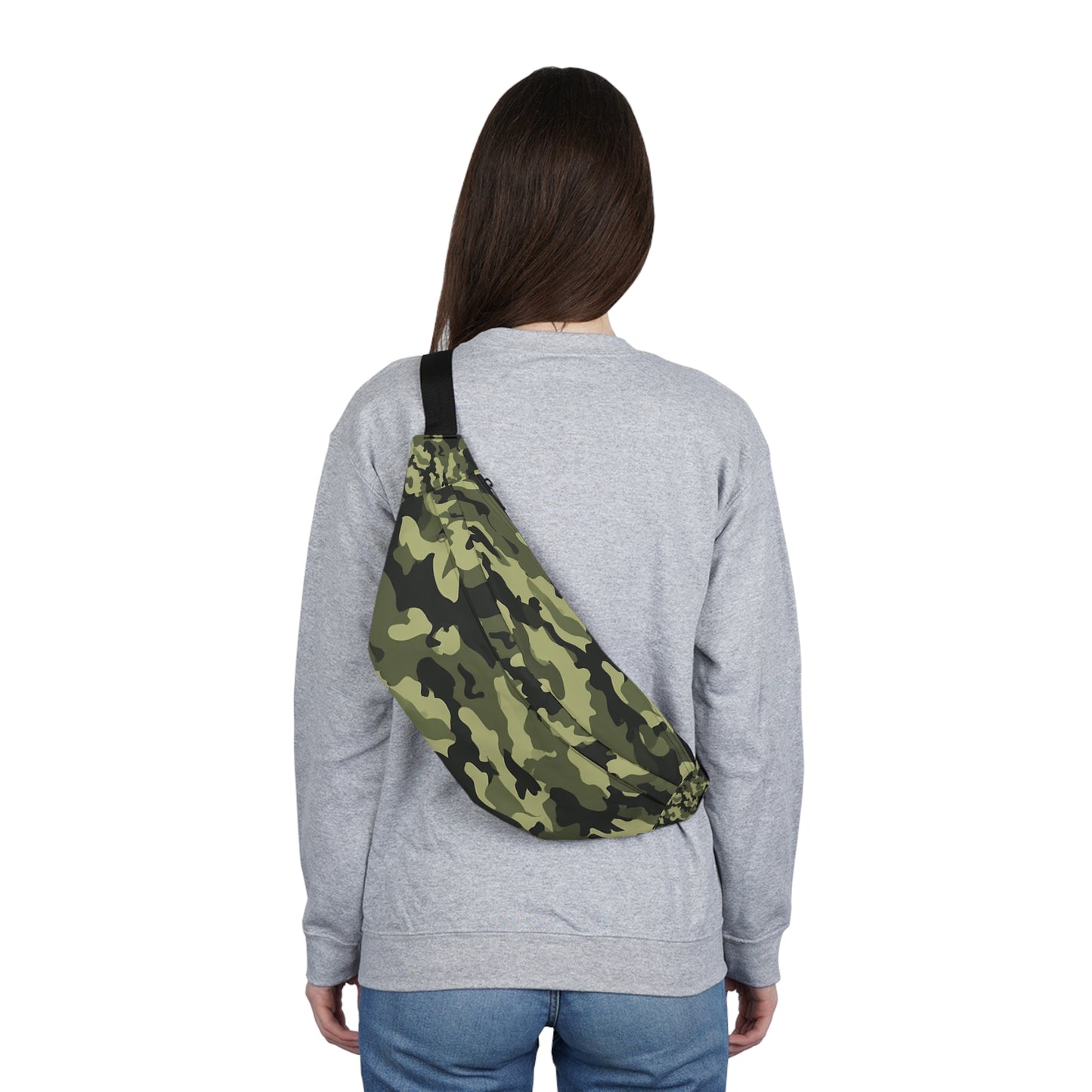 Woman with military camo fanny pack at outdoor event – large green waist bag with zip pockets
