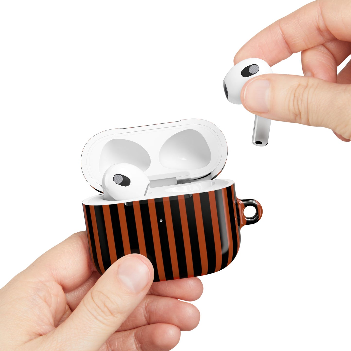 Gestreifte orange-schwarze AirPod-Hülle – Schutzhülle im Halloween-Stil
