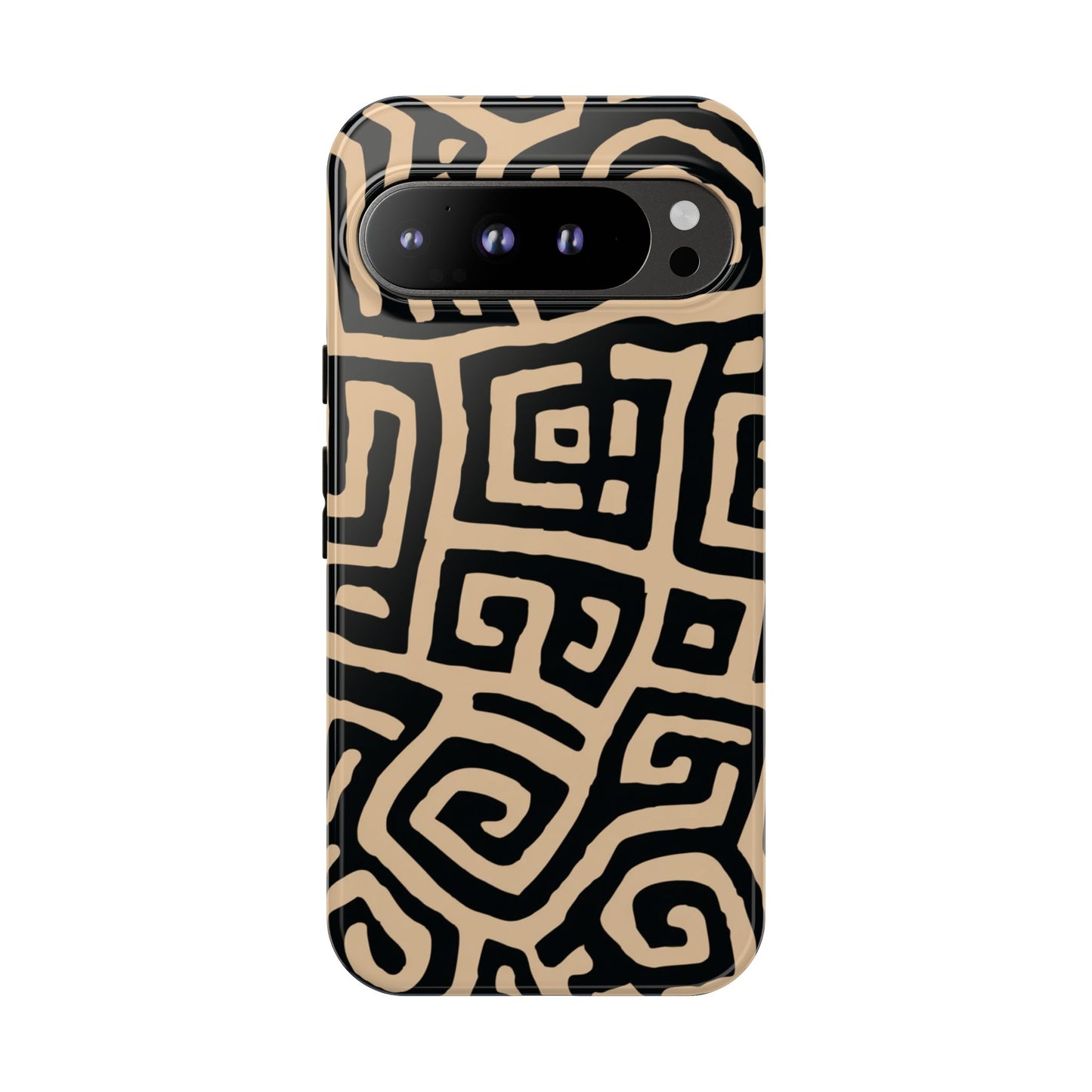 Afrikanisches Stammes-Labyrinth Handyhülle – Beige & Schwarz Geometrisches Muster Schutzhülle für iPhone, Samsung Galaxy & Google Pixel