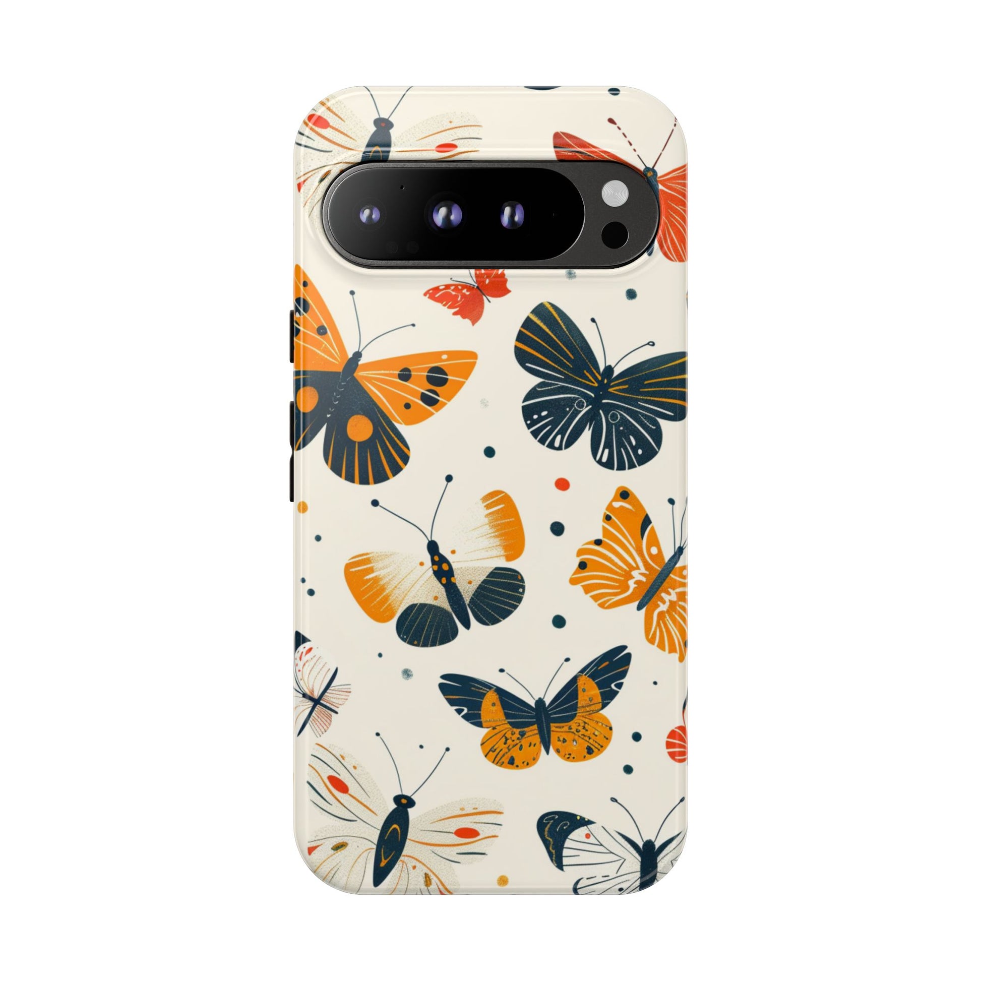 Retro butterfly tough phone case for Google Pixel 9 Pro XL - vintage 70s orange navy butterfly design dual-layer protection
