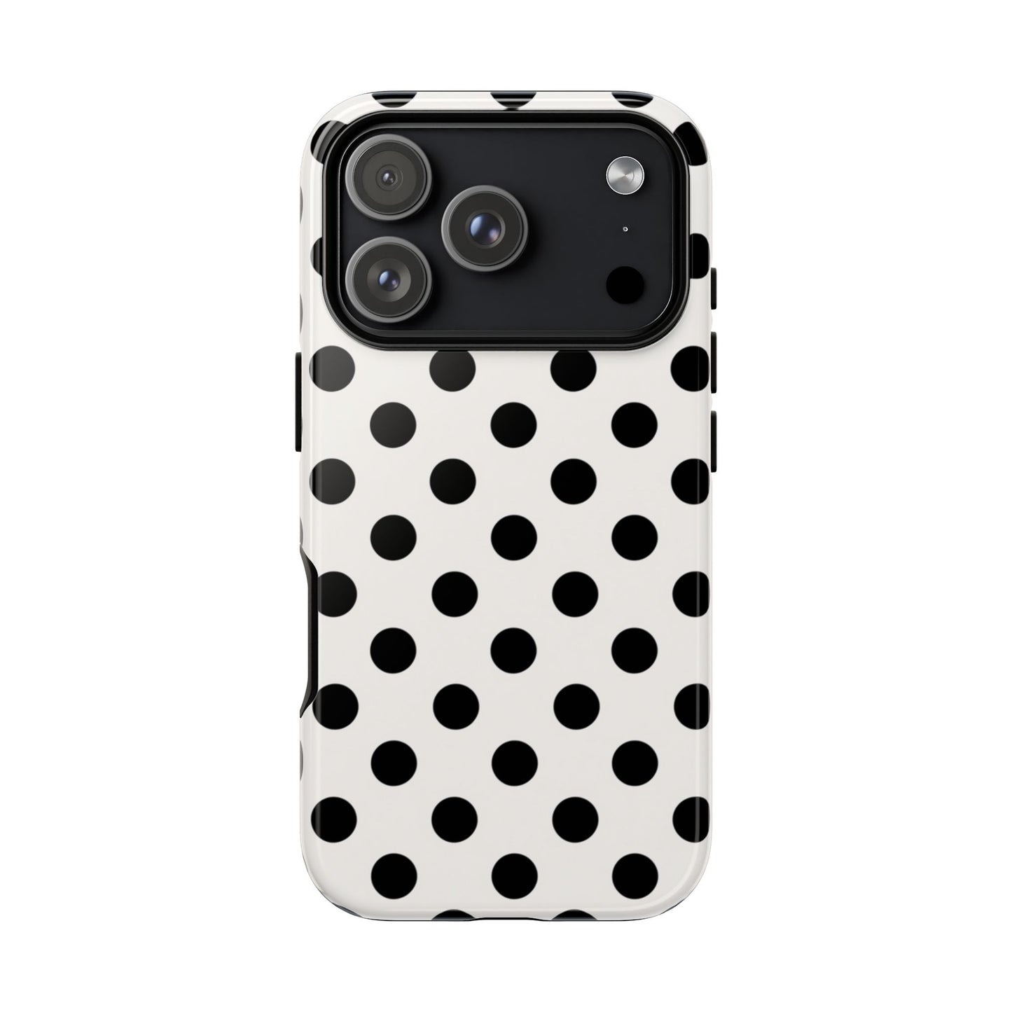 Black polka dot tough phone case full view with classic retro design for all iPhone, Samsung, and Google Pixel models
