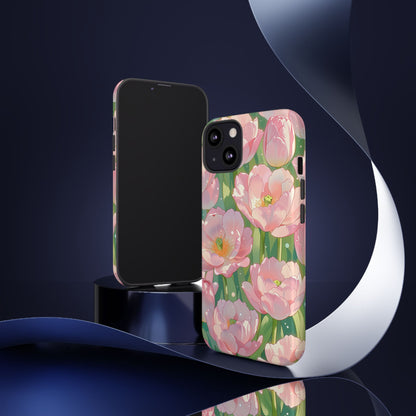 Floral Tulip Tough Phone Case - Pink Spring Blossom Watercolor Pattern Cover for iPhone, Samsung Galaxy & Google Pixel