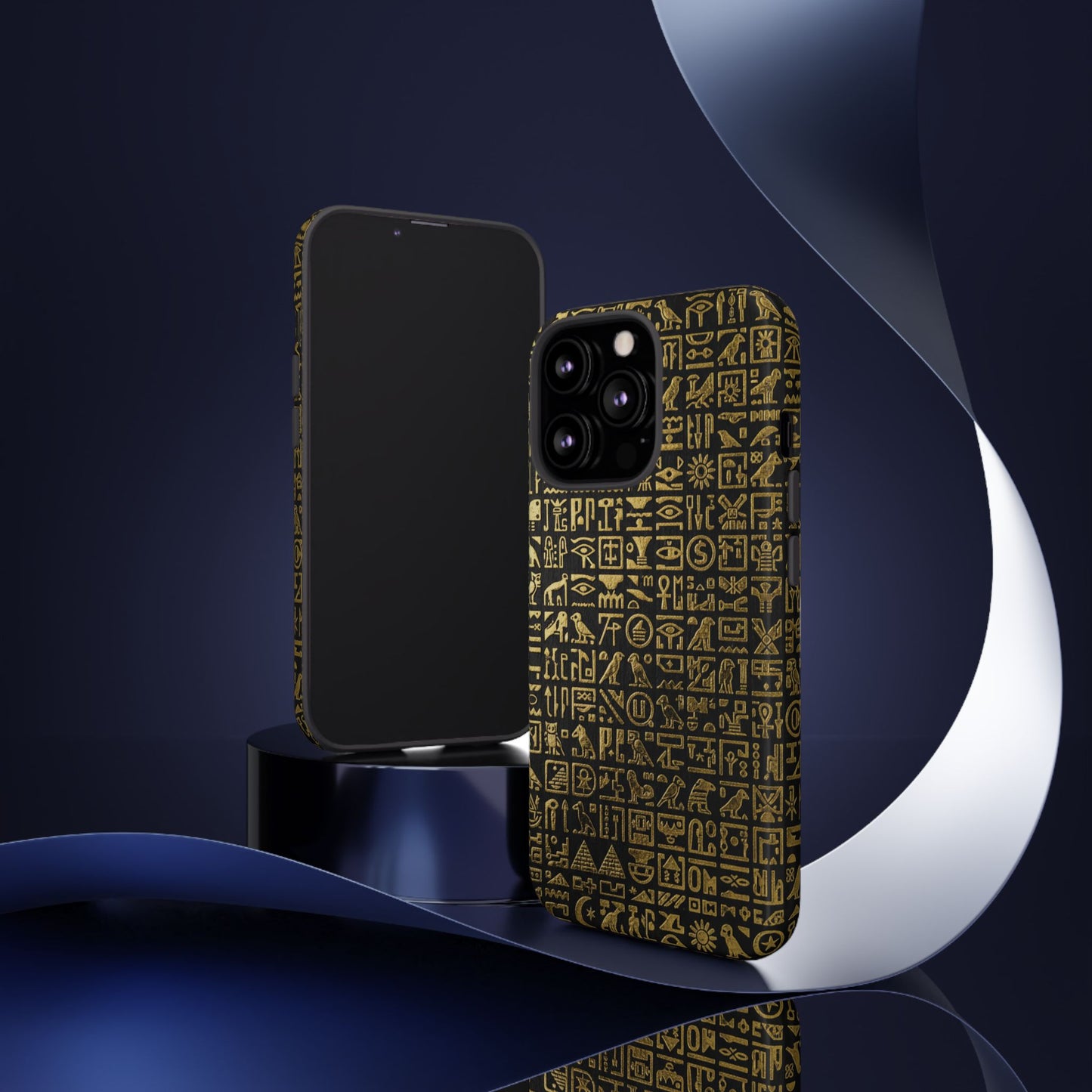 Funda resistente con jeroglíficos egipcios - Patrón de símbolos antiguos en negro y dorado para iPhone, Samsung Galaxy y Google Pixel