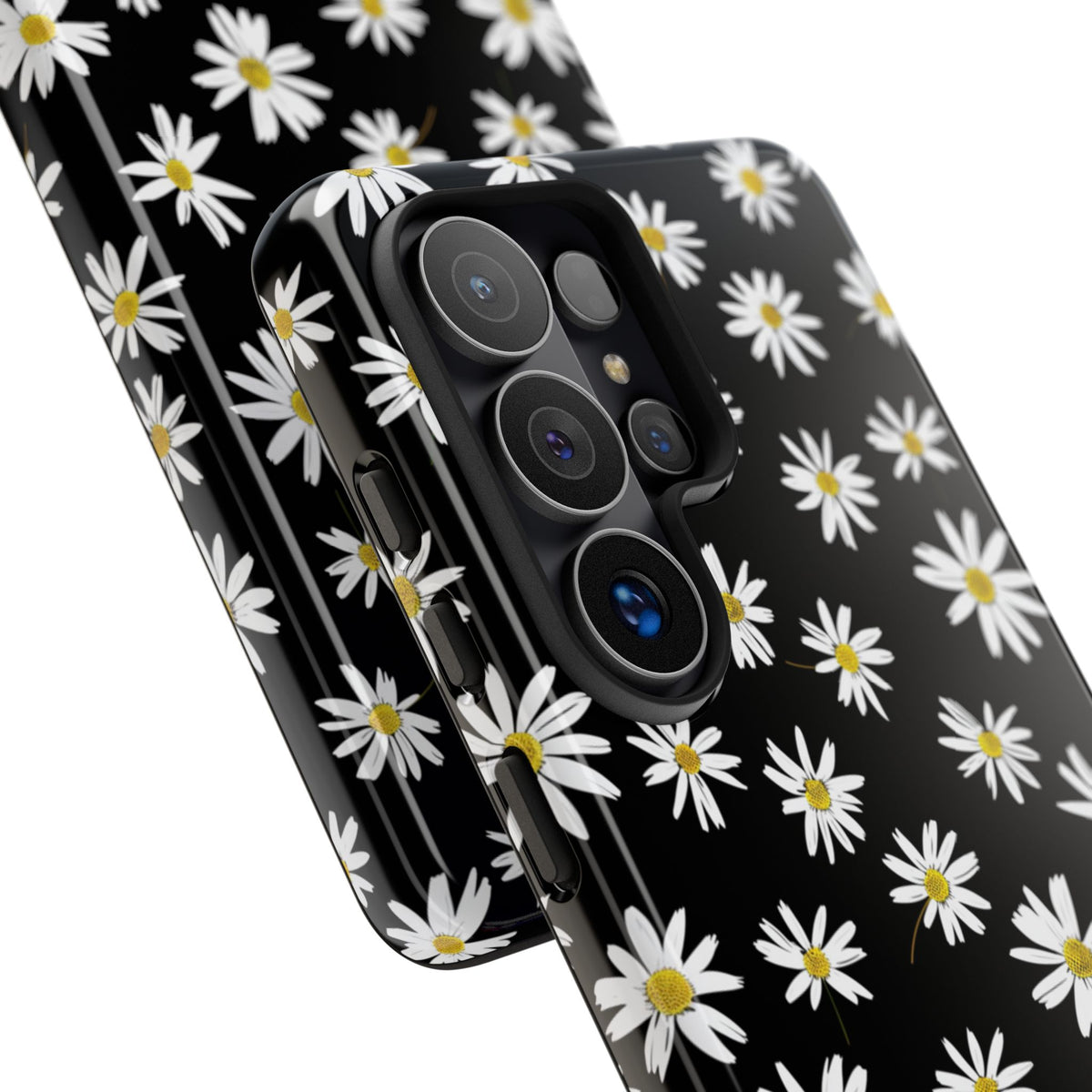 Coque de téléphone résistante à motif marguerites - Coque de protection florale noire pour iPhone, Samsung Galaxy et Google Pixel