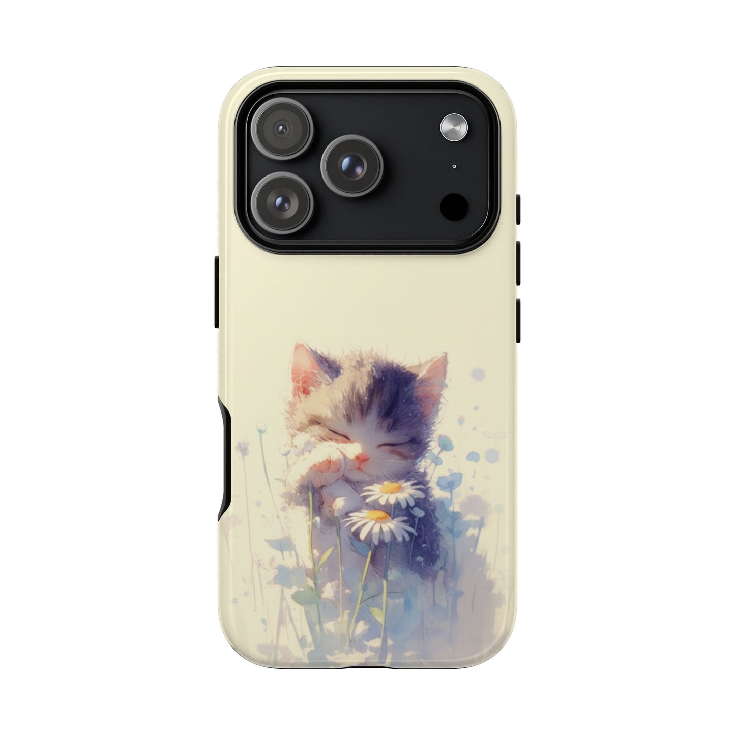 Floral kitten phone case with daisy garden scene - fade-resistant protective cover for iPhone Pro Max
