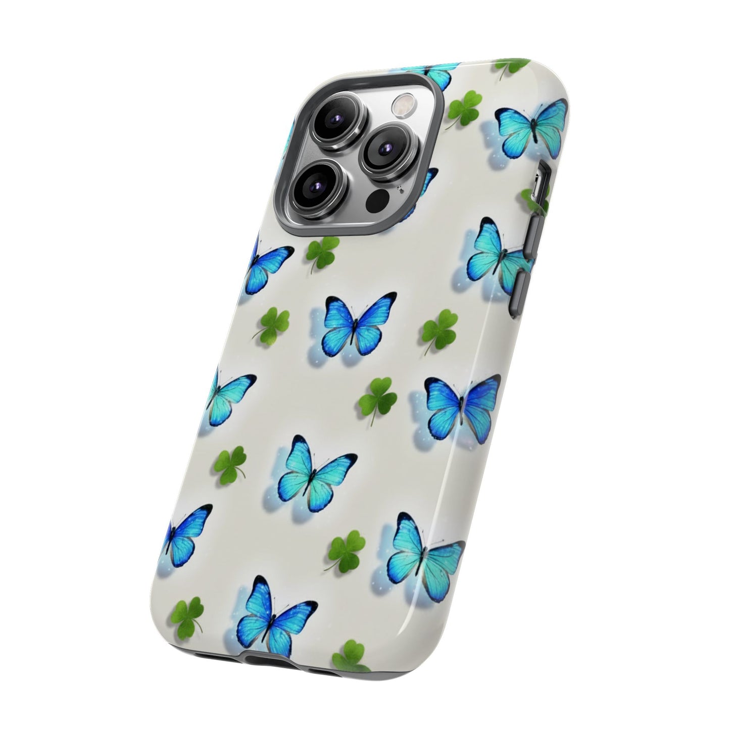 Funda protectora resistente con diseño de mariposas y trébol de la suerte para iPhone, Samsung Galaxy y Google Pixel: diseño de mariposas azules