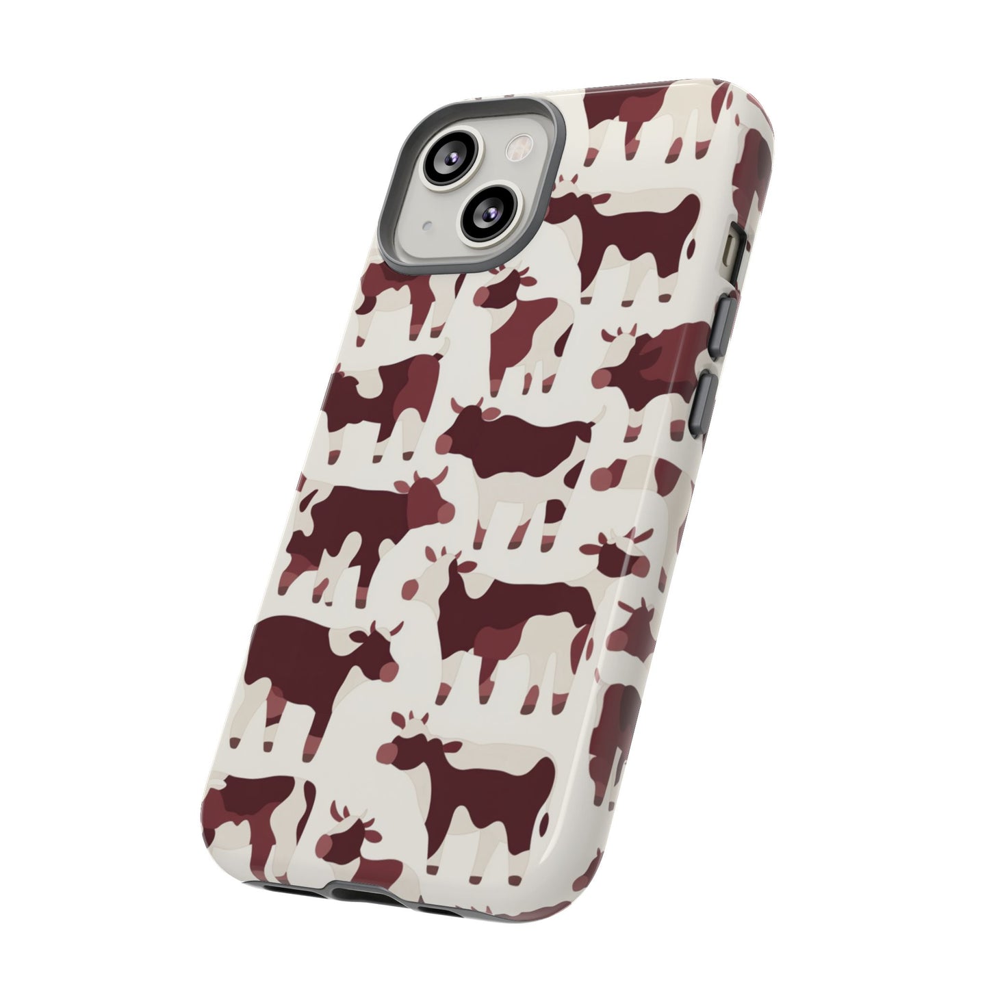 Cream burgundy farm phone case - Artful cow silhouette pattern with premium UV print and weather resistance
