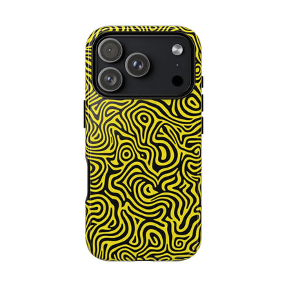 Eye-catching yellow black abstract phone case with fade-resistant UV print and slim profile design
