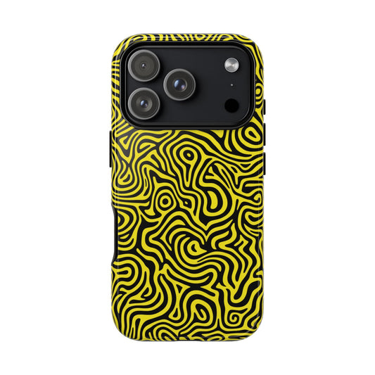 Eye-catching yellow black abstract phone case with fade-resistant UV print and slim profile design
