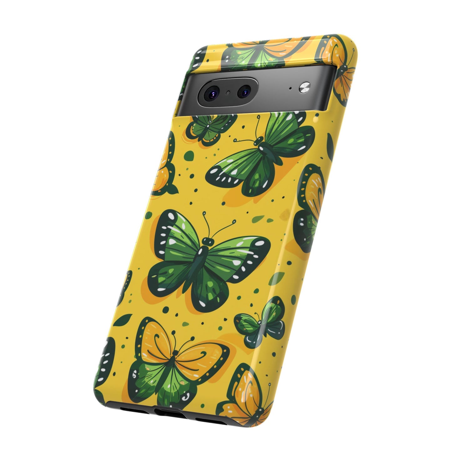 Robuste Handyhülle mit grünen Schmetterlingen – Schutzhülle mit gelbem Cartoon-Design für iPhone, Samsung Galaxy & Google Pixel