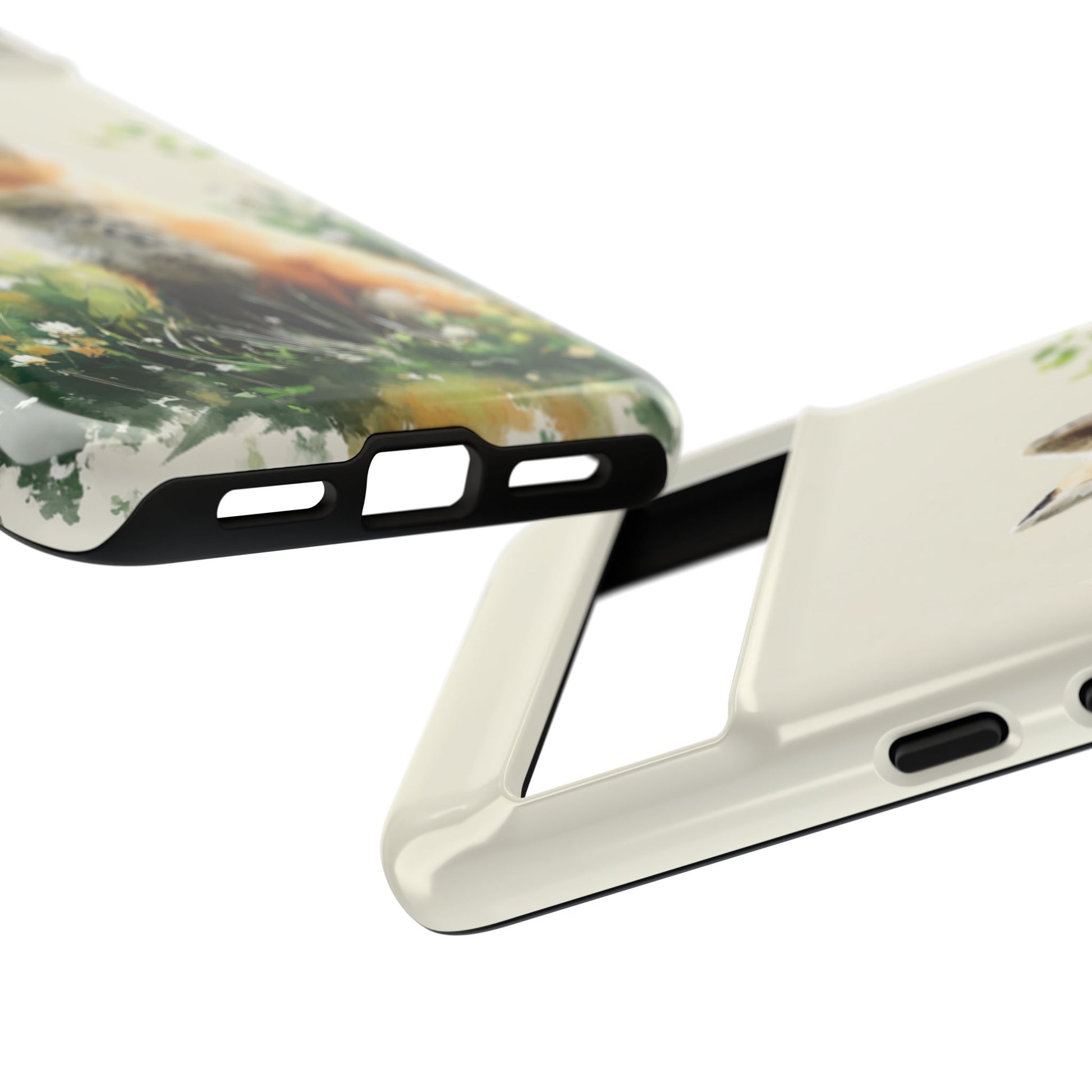 Watercolor fox meadow phone case showing polycarbonate shell and TPU liner
