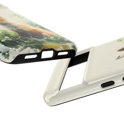 Watercolor fox meadow phone case showing polycarbonate shell and TPU liner
