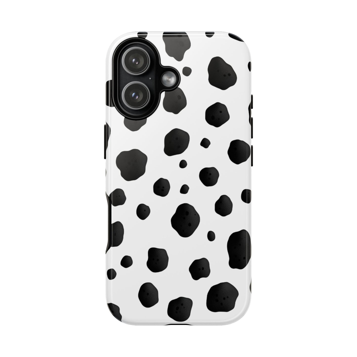 Playful dalmatian print tough phone case with black spots on white background and dual-layer protection
