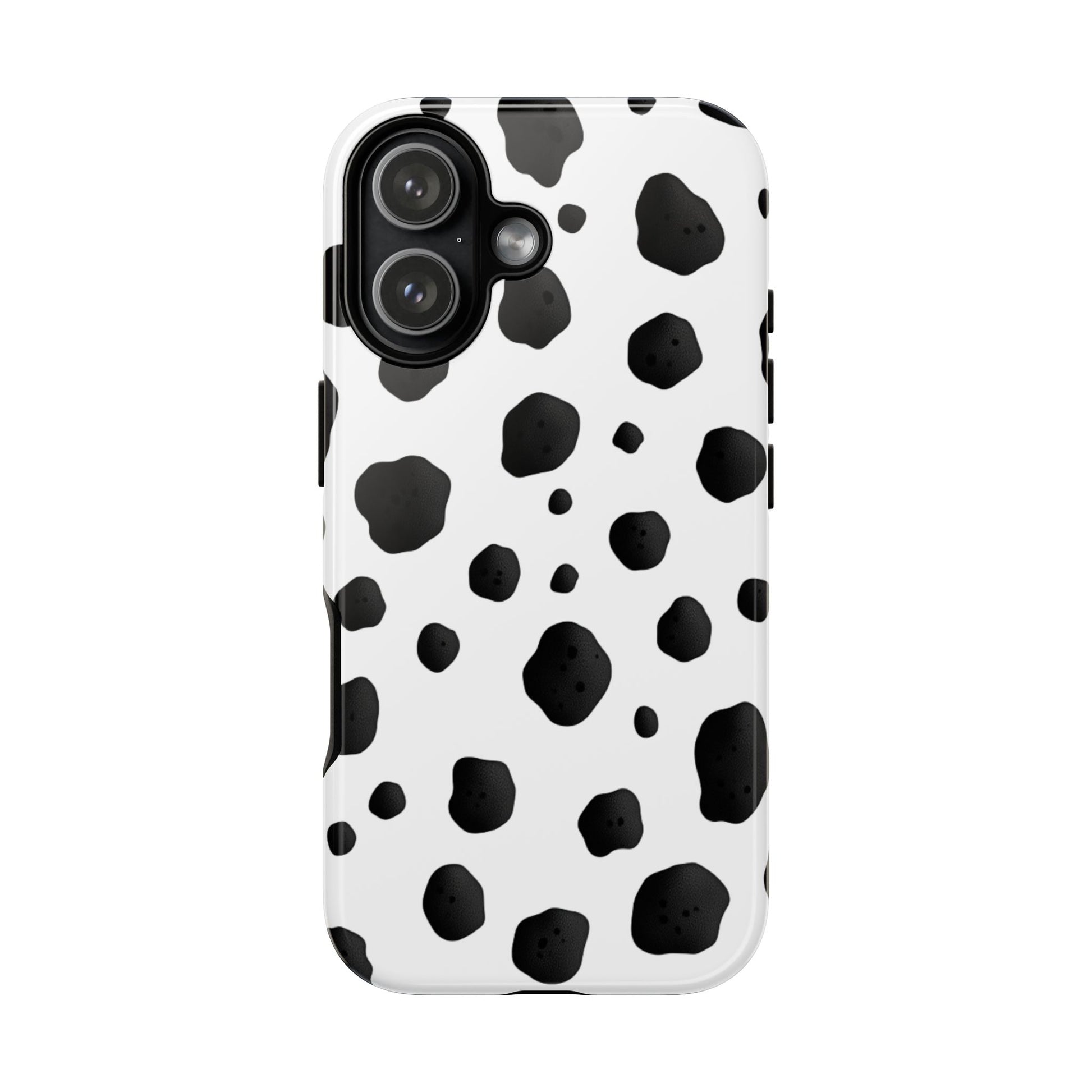 Playful dalmatian print tough phone case with black spots on white background and dual-layer protection
