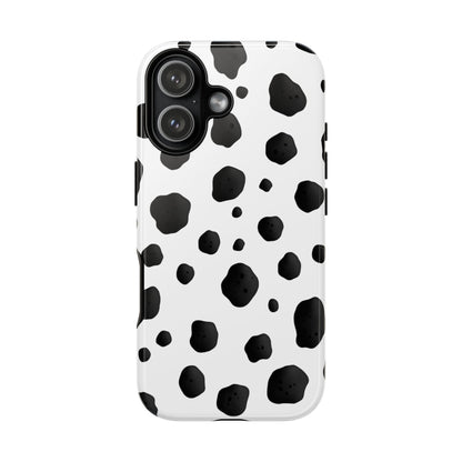 Playful dalmatian print tough phone case with black spots on white background and dual-layer protection
