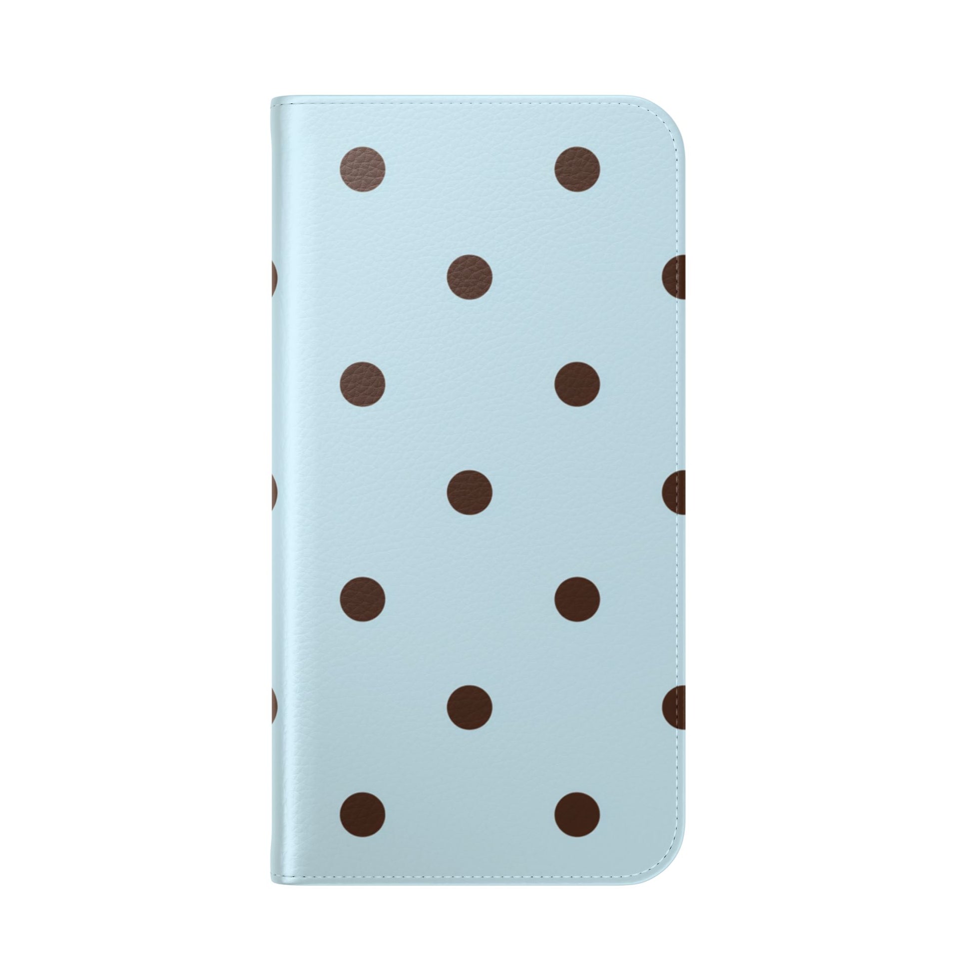 Sky blue polka dot phone wallet case with brown dots, D-ring attachment and hands-free stand for iPhone Samsung Galaxy