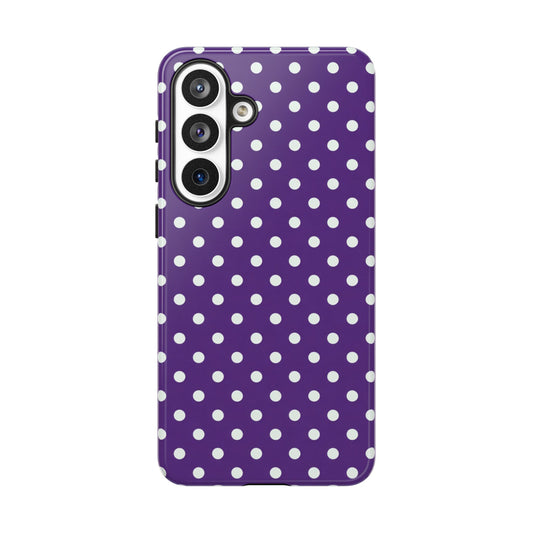 Purple polka dot phone case for Samsung Galaxy S26 Plus - retro violet design with dual-layer protection and wireless charging
