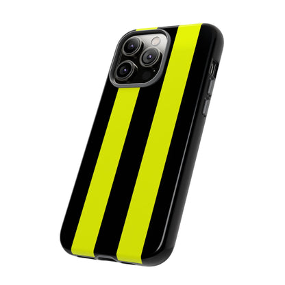 Neon yellow racing stripe phone case on matte black background with fade-resistant print and slim profile
