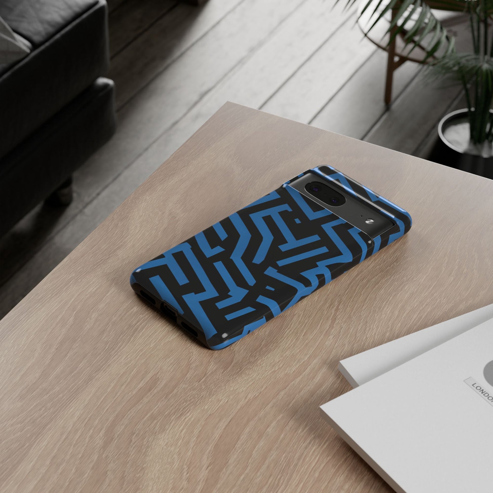 Impact resistant phone case featuring bold cobalt blue shapes
