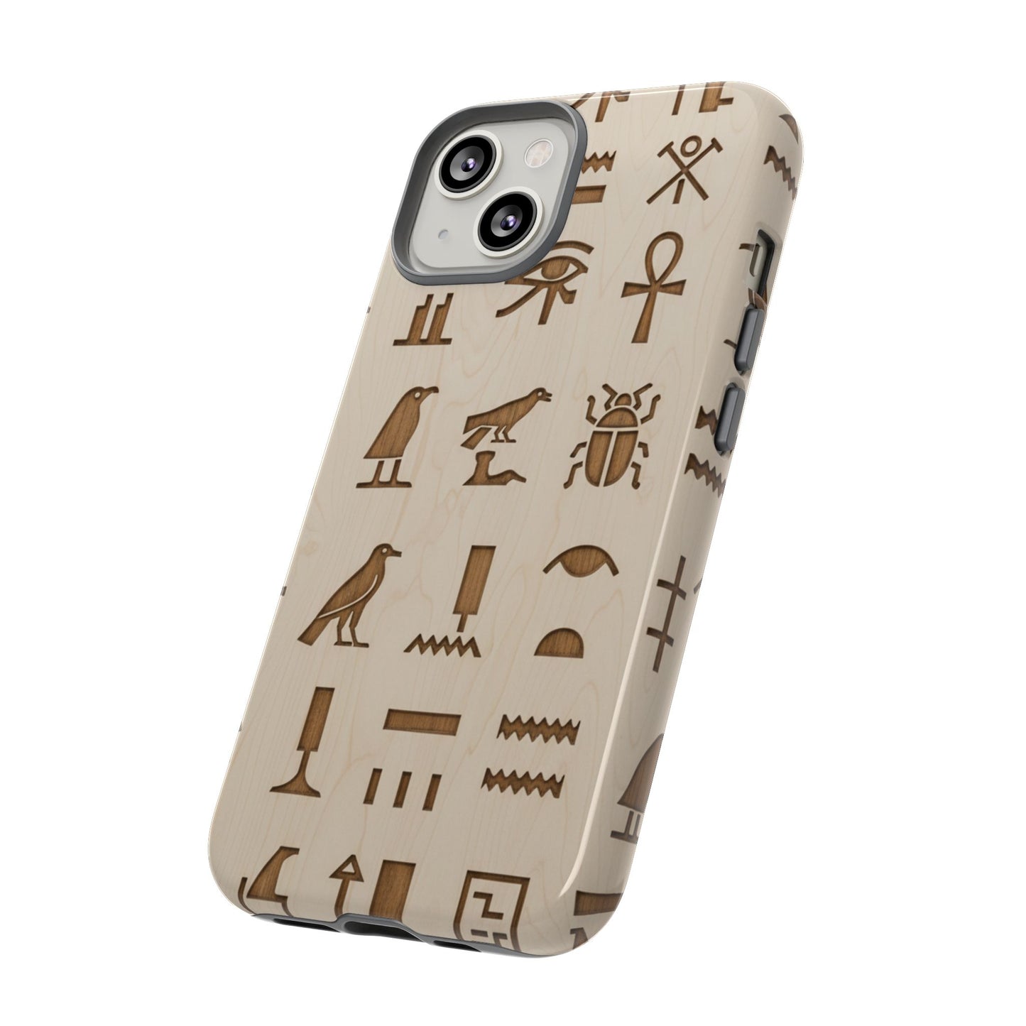 Egyptian Hieroglyphics Tough Phone Case - Wood Grain Ancient Symbols Protective Cover for iPhone, Samsung Galaxy & Google Pixel