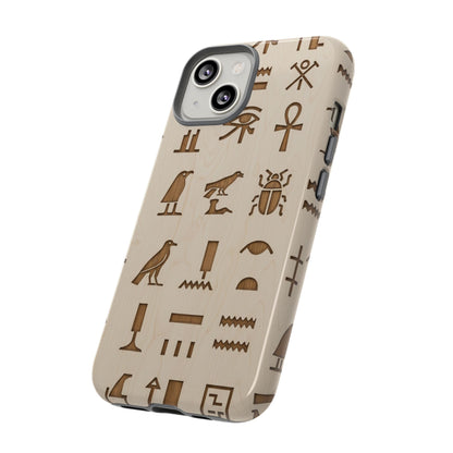 Egyptian Hieroglyphics Tough Phone Case - Wood Grain Ancient Symbols Protective Cover for iPhone, Samsung Galaxy & Google Pixel