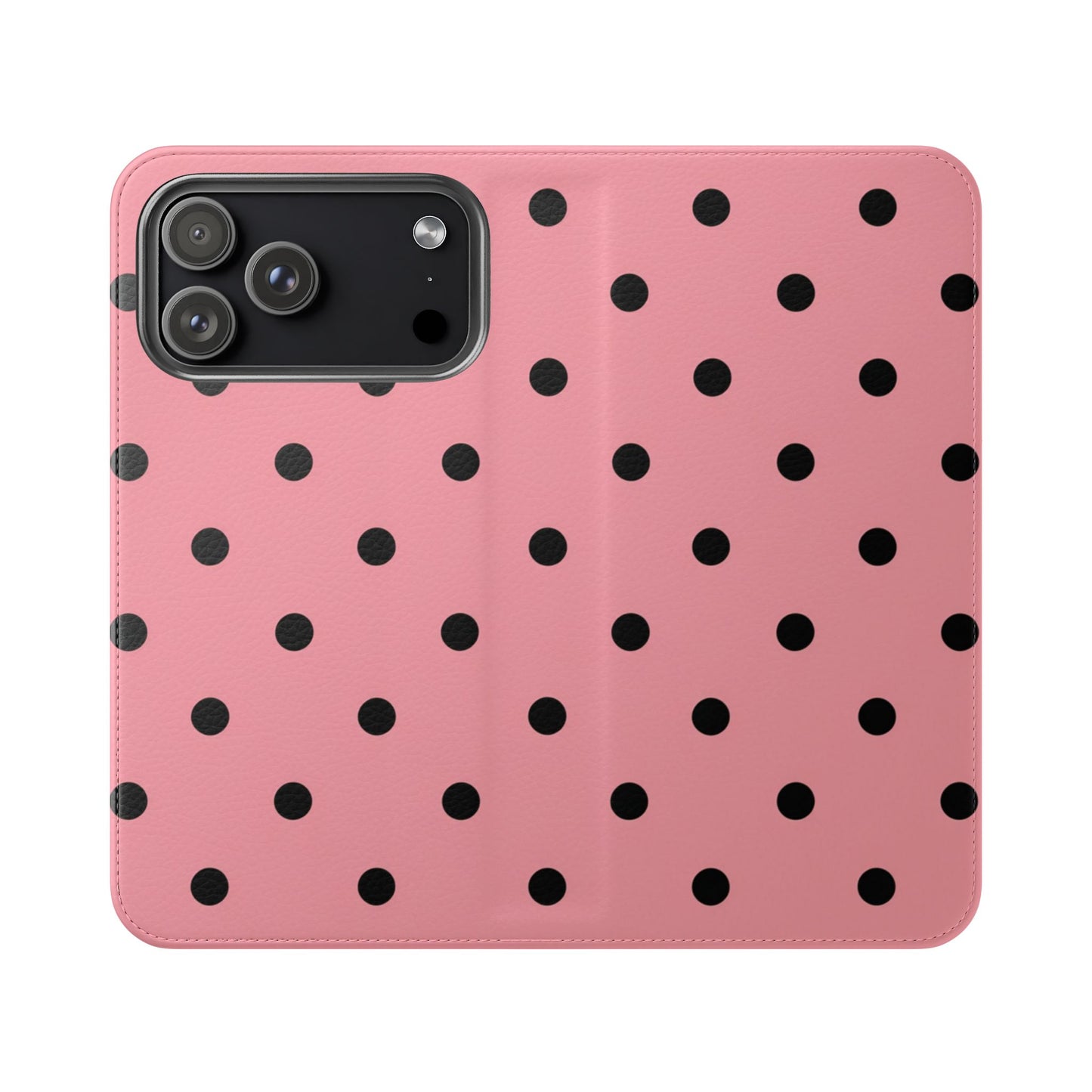 Pink polka dot flip phone case with card slots and built-in stand for iPhone and Samsung Galaxy
