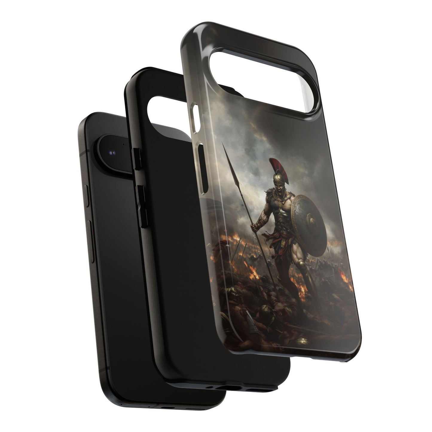 Warrior Phone Case - Cinematic Battle Scene Design with Spear and Shield
