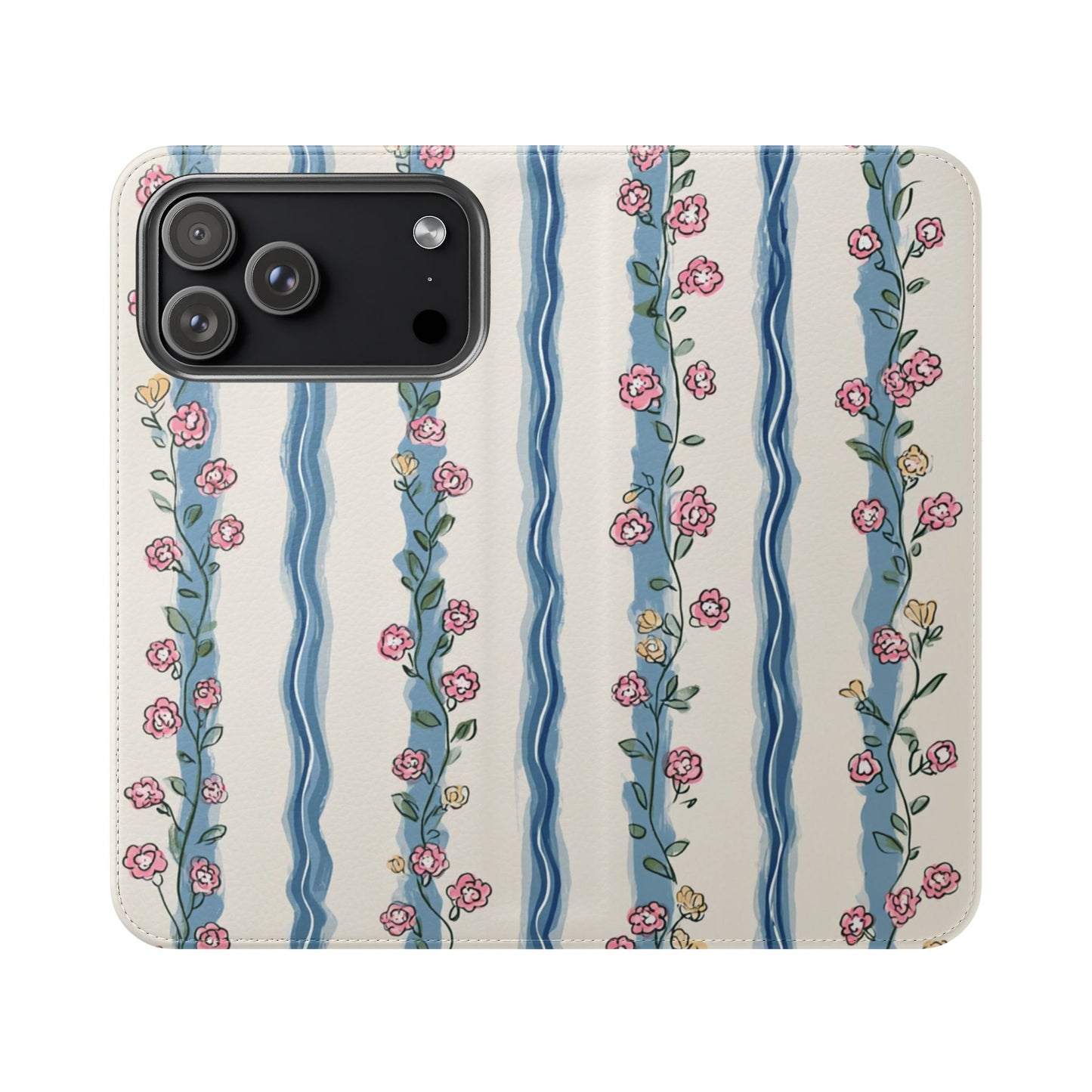 Floral Stripe Flip Phone Case in Vintage Rose Pattern - Premium Faux Leather Wallet Folio with Card Slots for iPhone and Samsung Galaxy
