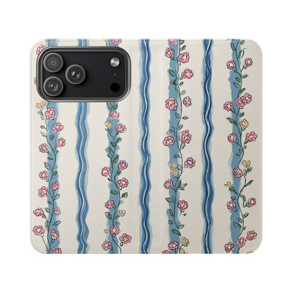 Floral Stripe Flip Phone Case in Vintage Rose Pattern - Premium Faux Leather Wallet Folio with Card Slots for iPhone and Samsung Galaxy
