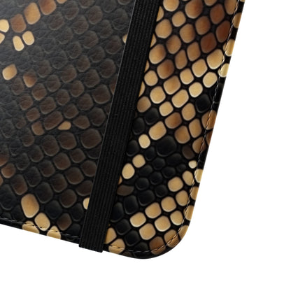 Premium snake skin embossed flip phone case with card slots, magnetic closure and cruelty-free faux leather finish
