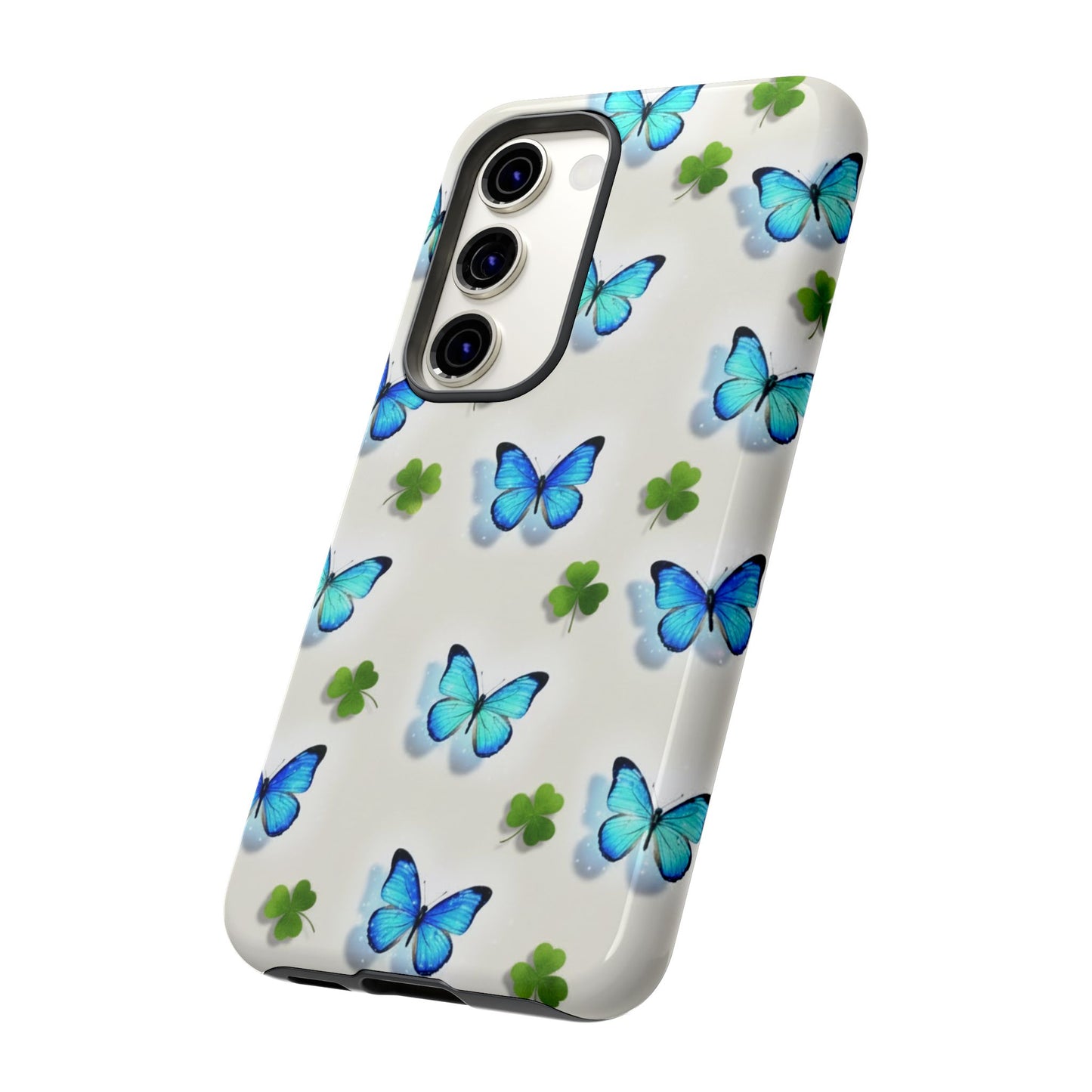 Funda protectora resistente con diseño de mariposas y trébol de la suerte para iPhone, Samsung Galaxy y Google Pixel: diseño de mariposas azules