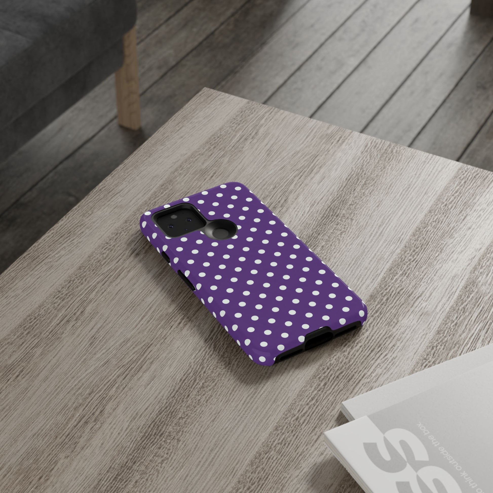 Purple polka dot phone case in glossy finish - retro violet design with wireless charging compatibility for all phone models
