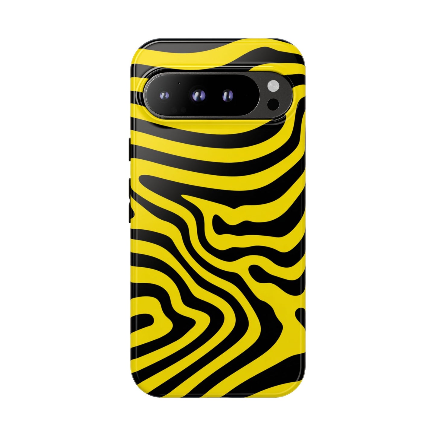 Robuste Handyhülle mit Op-Art-Wellenlinien – psychedelisches gelb-schwarzes Groovy-Muster für iPhone, Samsung Galaxy & Google Pixel