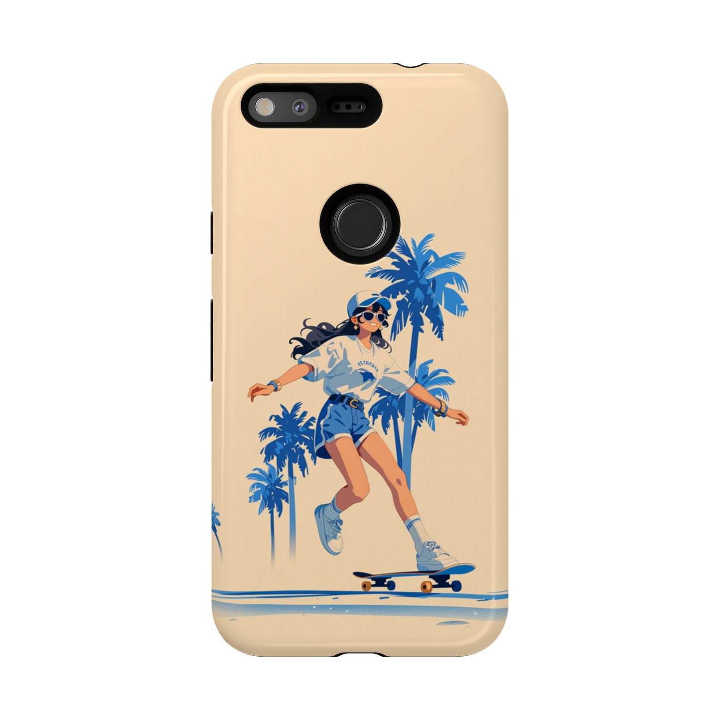 Beach-themed tough phone case with skateboard illustration - Shock-absorbing protection for all phone models
