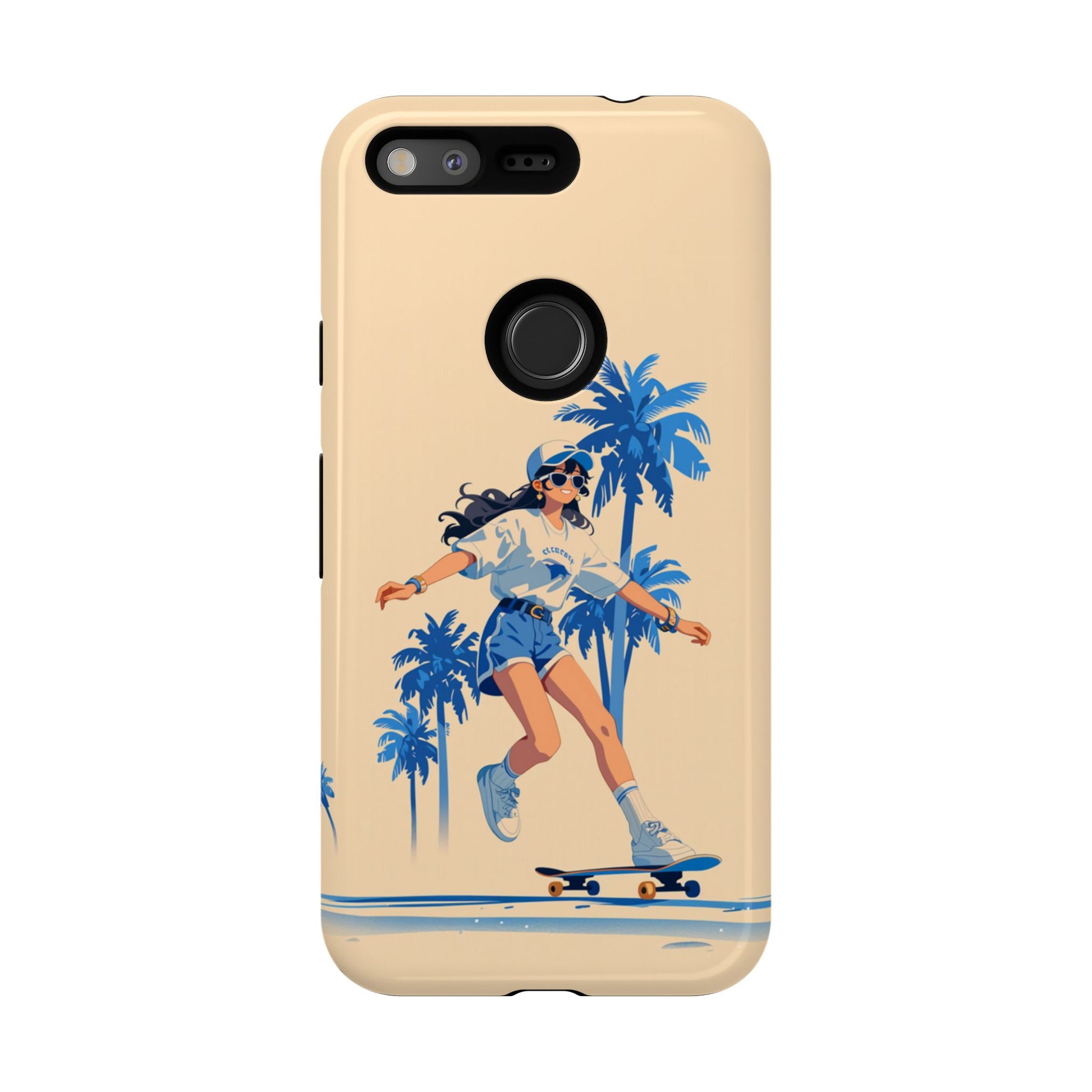 Beach-themed tough phone case with skateboard illustration - Shock-absorbing protection for all phone models
